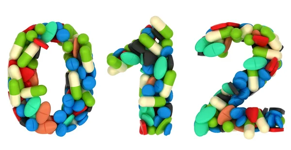 Pills font 0 1 and 2 numerals isolated — Stock Photo, Image
