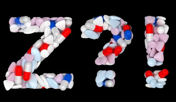 Pills font Z exlamation and query marks — Stock Photo, Image