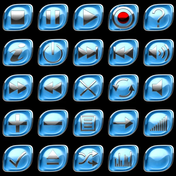 Blue Pushed Control Panel Buttons Icons Isolated Black — Stock Photo, Image