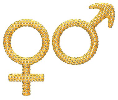 Golden gender symbols incrusted with gems over white clipart