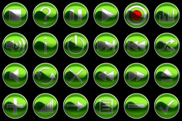 Yuvarlak Yeşil Kontrol Paneli Düğmeleri Üzerine Siyah Izole — Stok fotoğraf