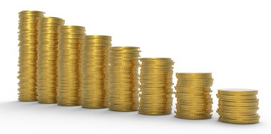 Growth or recession: golden coins stacks over white clipart