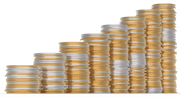 Growth Golden Silver Coins Stacks White — Stock Photo, Image