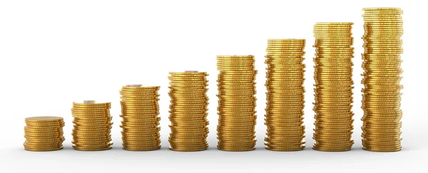 Pokrok Úspěch Zlaté Mince Zásobníky Nad Bílá — Stock fotografie