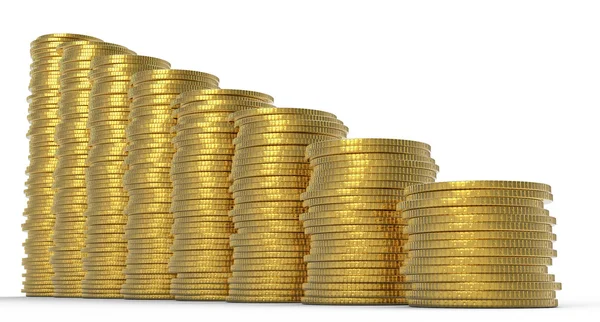 Pokrok Nebo Drop Zlaté Mince Zásobníky Nad Bílá — Stock fotografie