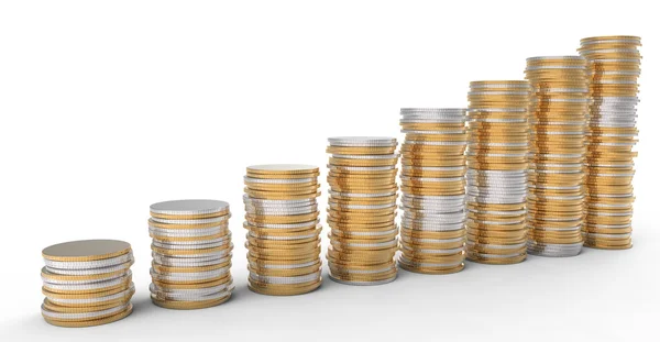 Financiële Vooruitgang Gouden Zilveren Munten Stapels Wit — Stockfoto