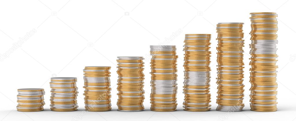 Progress and wealth: golden and silver coins stacks over white