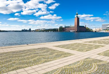 Stockholm city hall and quayside in summer clipart