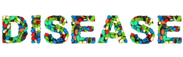 Krankheitswort: Pillen und Medikamente prägen isoliert — Stockfoto