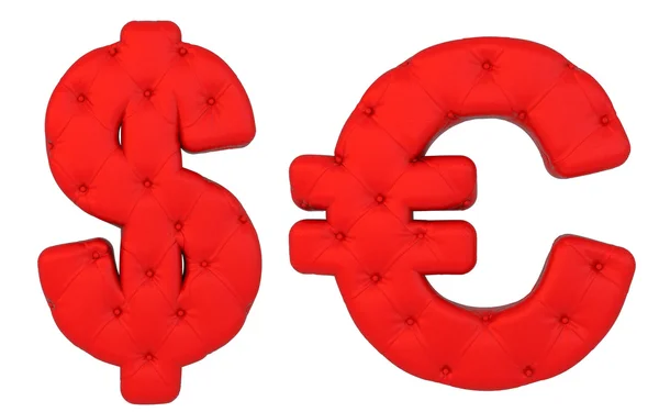 豪华红色皮革字体欧元和美元符号 — 图库照片