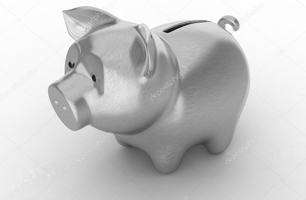 Wealth: Silver piggy bank over white