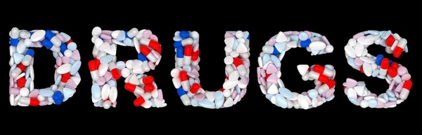 Leki słowo: tabletki i tabletki kształt na białym tle — Zdjęcie stockowe