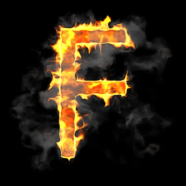 Горящий и пламенный шрифт буквы F — стоковое фото