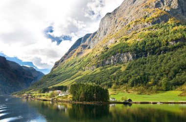 Norwegian fjords: Mountains, village clipart