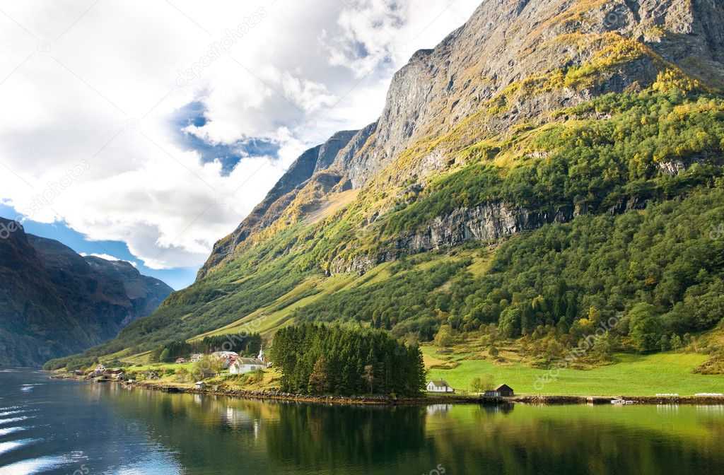 Norwegian fjords: Mountains, village