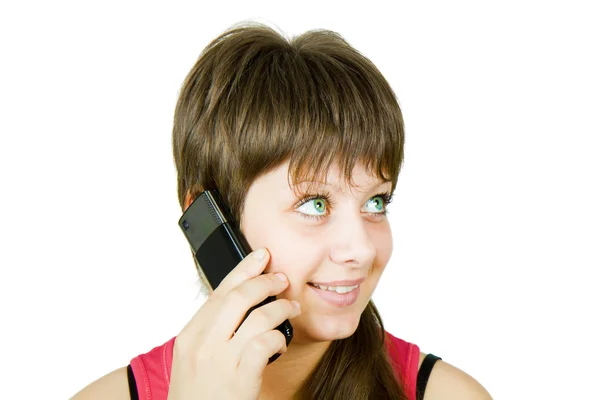 Sorrindo menina bonita com telefone — Fotografia de Stock