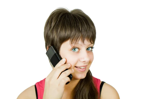 Sonriendo hermosa chica con un teléfono — Foto de Stock
