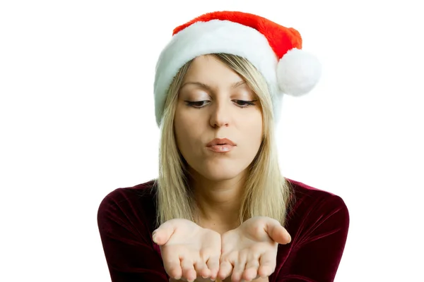 Portrait of a beautiful blonde in a Christmas hat on the isolate — Stock Photo, Image