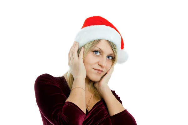 Portrait of a beautiful blonde in Christmas hats — Stock Photo, Image