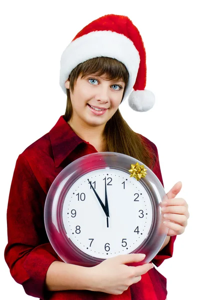 Santa girl with the clock — Stock Photo, Image
