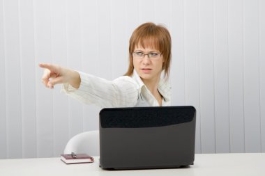 Angry young woman chief kicks slave. Office scene clipart