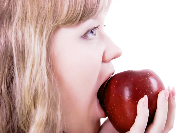Blonde Girl Bites Big Red Apple White Background — Stock Photo, Image