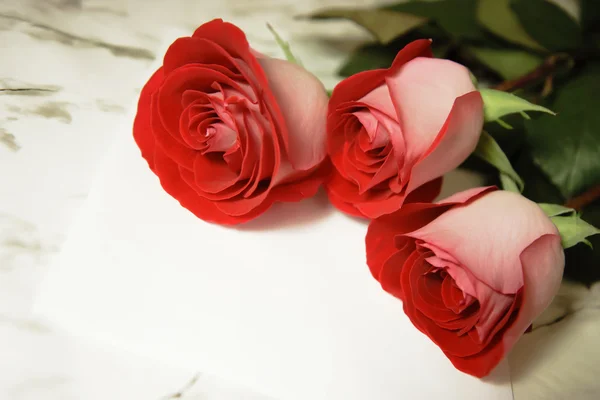 Tres Rosas Rojas Una Carta Mesa Mármol — Foto de Stock