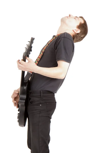 Молодий Чоловік Гітарою Ізольованому Білому Тлі — стокове фото