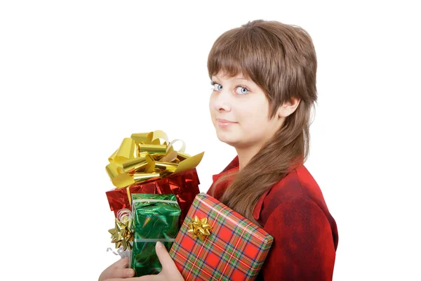 Attractive young woman with gift boxes — Stock Photo, Image