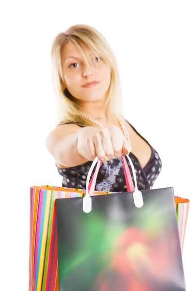 Attractive girl with packages — Stock Photo, Image