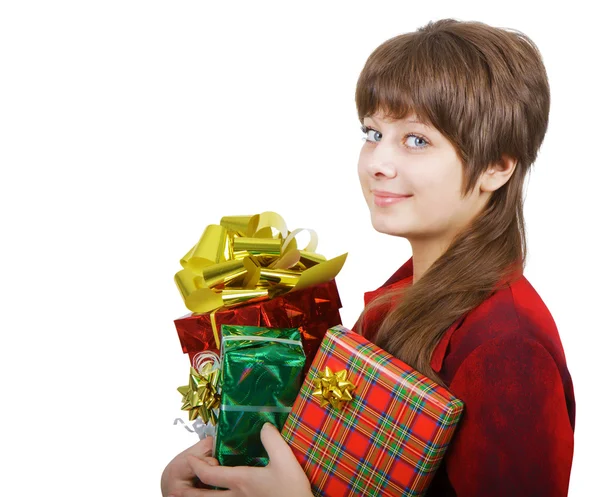 Attractive young woman with gift boxes — Stock Photo, Image
