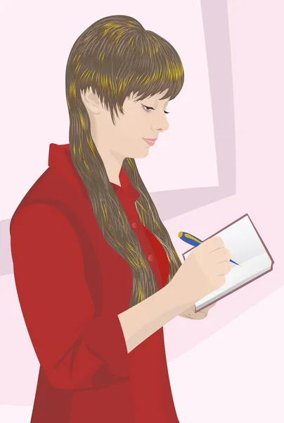 लाल ब्लाउज मध्ये मुलगी एक नोटबुक मध्ये पेन लिहिले — स्टॉक व्हेक्टर