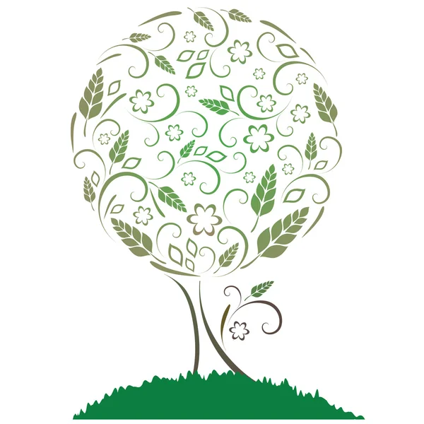Ilustración vectorial. Árbol con hojas, flores y orejas — Vector de stock
