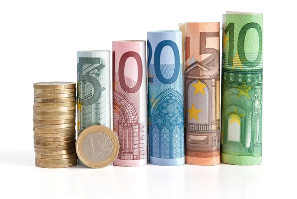 Euro rolled bills and coin — Stock Photo, Image