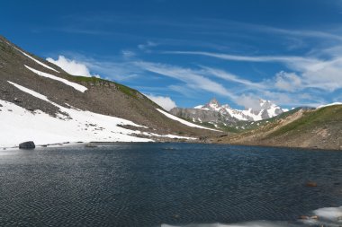 Small lake in Pointe Rousse pass, Aosta valley, Italy with Mont Blanc massif on background clipart
