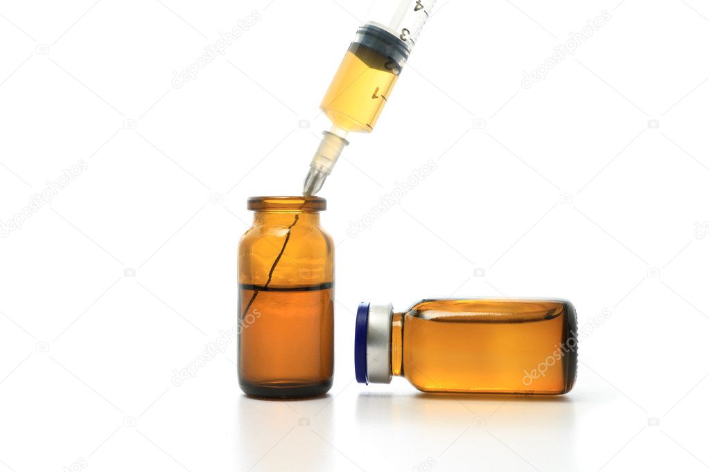 Syringe and glass bottles