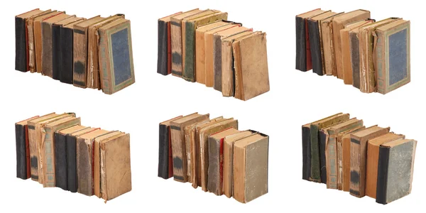 六个堆积老书的不同形状和颜色 — 图库照片