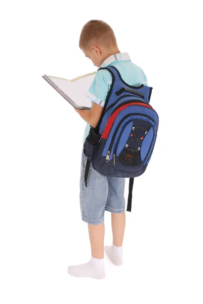 Menino com mochila segura o livro — Fotografia de Stock
