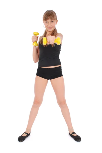 Posilovna fitness dívka školení její tělo se činka — Stock fotografie