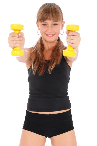Gimnasio chica fitness entrenar su cuerpo con mancuerna —  Fotos de Stock