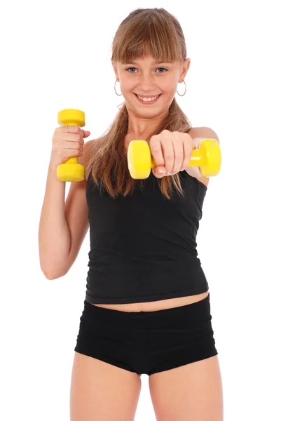 Ginásio fitness girl treinando seu corpo com haltere — Fotografia de Stock
