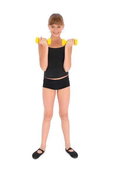 Fitness-Studio-Mädchen trainiert ihren Körper mit Hantel — Stockfoto