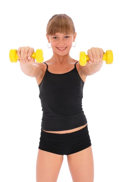 Κορίτσι γυμναστήριο γυμναστήριο κατάρτιση κορμί με αλτήρα — Φωτογραφία Αρχείου
