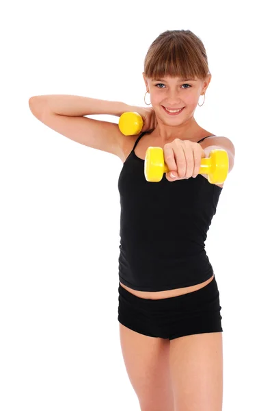 Gym fitness girl training her body with dumbbell — Stock Photo, Image