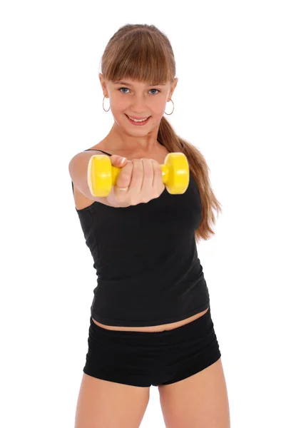 Gimnasio chica fitness entrenar su cuerpo con mancuerna —  Fotos de Stock