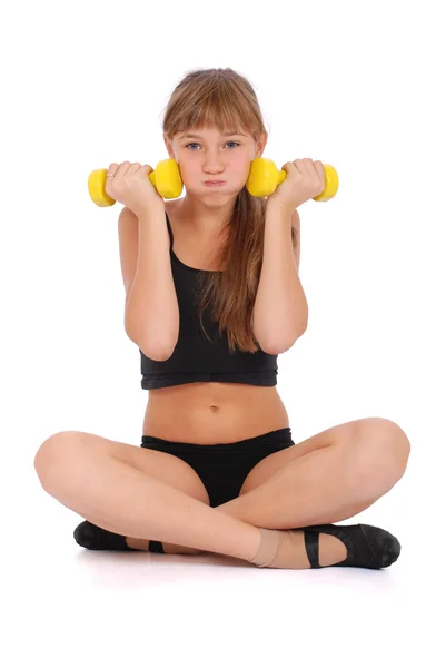 Gym fitness girl training her body with dumbbell — Stock Photo, Image