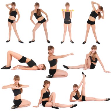 Ten poses. Fitness Girl on white background clipart