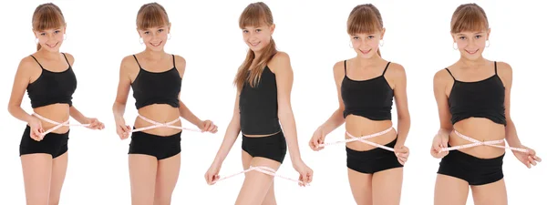 Girl measuring waist with tape measure. Five poses. — Stock Photo, Image