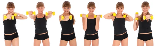 Gimnasio chica fitness entrenar su cuerpo con mancuerna — Foto de Stock