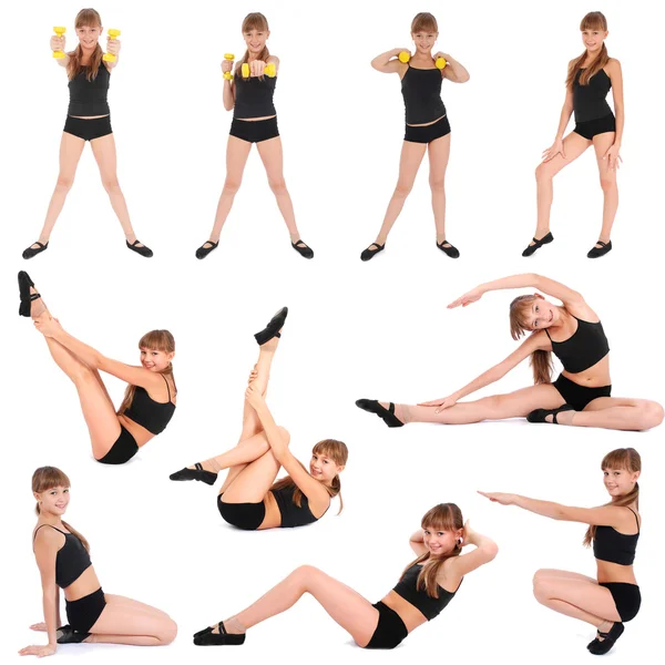 Diez poses. Chica Fitness sobre fondo blanco — Foto de Stock